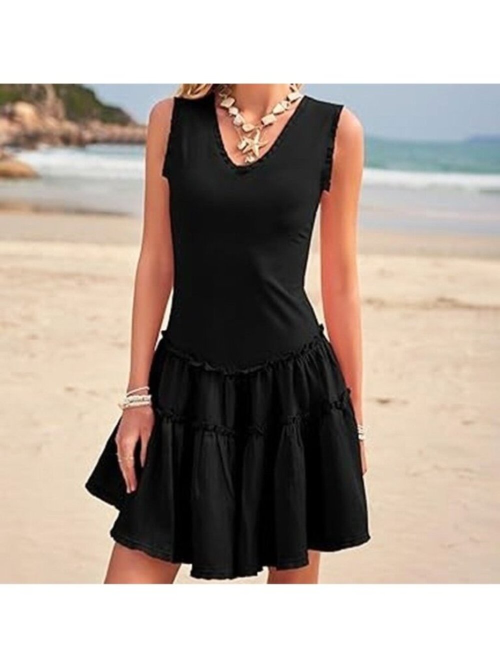 Luxveer Summer Mini Dress Ruffle Flowy Sleeveless A Line Sundress Black Large